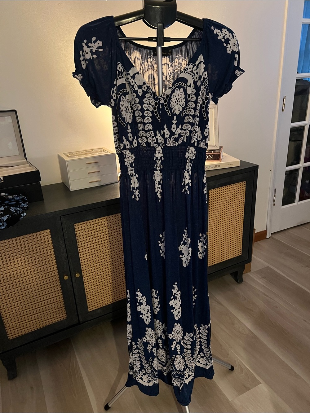 Navy Blue Floral Maxi Dress with Smocked Waist Ana & Rose brand